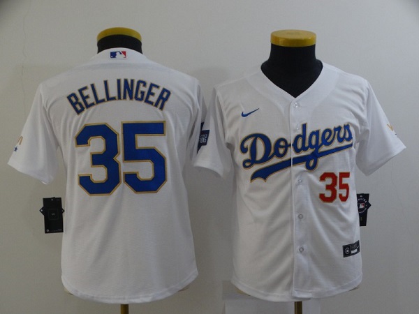 Youth Los Angeles Dodgers #35 Cody Bellinger White Gold NFL Championship Cool Base Stitched Jersey